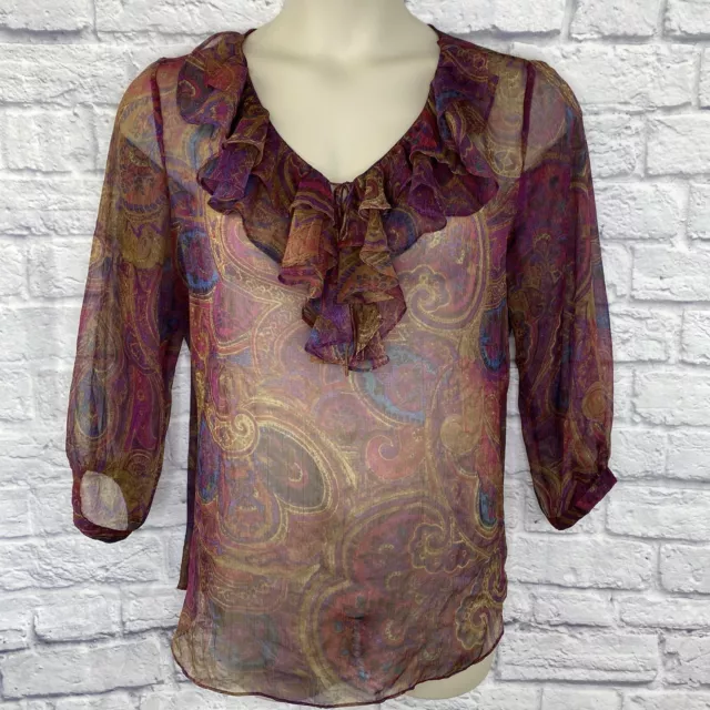 Ralph Lauren Blouse Womens XL Boho Peasant Sheer Top 3/4 Sleeve Ruffle Paisley