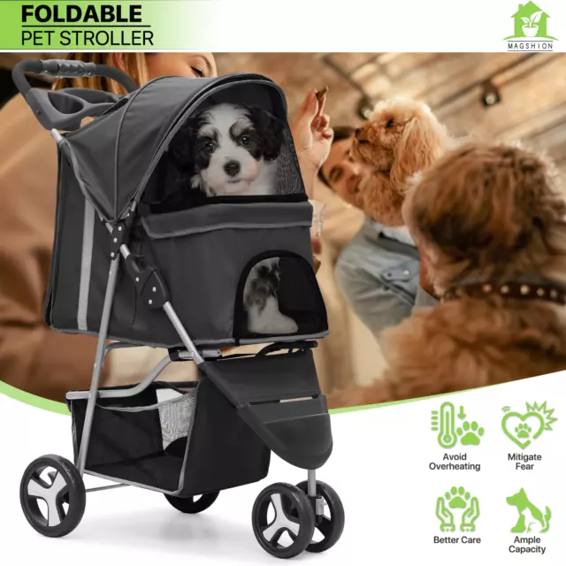 3 Wheel Dog Cat Pet Travel Stroller Folding Carrier Storage Basket Light Weight