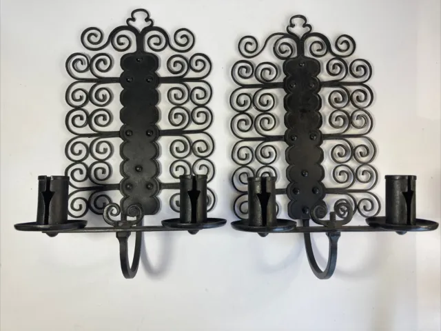 2 Vintage Norwegian GOTHIC Hand Forged Wrought Iron Swirl Candle Wall Sconces