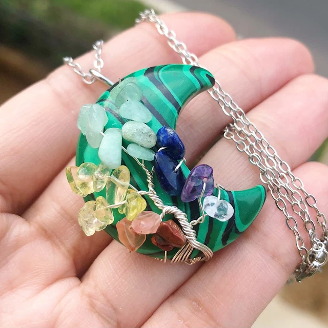 Malachite Gem Stone Tree Of Life Moon Necklace Chakra Reiki Healing Amulet