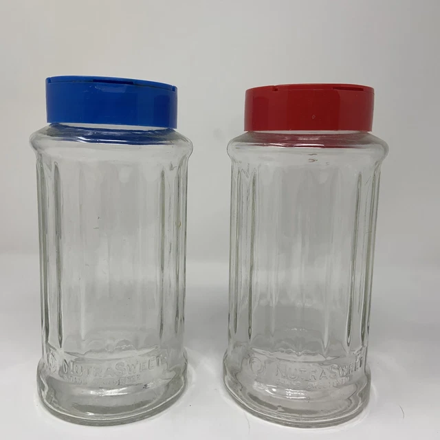 Vintage Nutrasweet Jar Ribbed Glass Red And blue Plastic Lid - Set Of 2