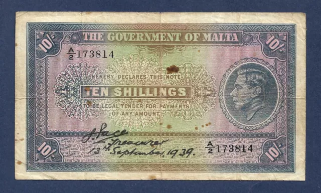 (DN) Malta 10 Shillings 1939 P-13 Fine/VF