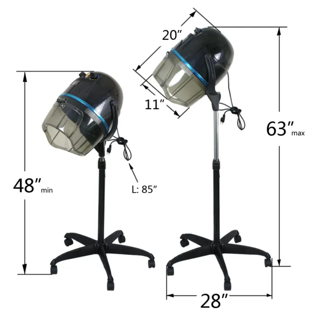 Portable 1300W Adjustable Hooded Floor Hair Bonnet Dryer Stand Up W/Wheels