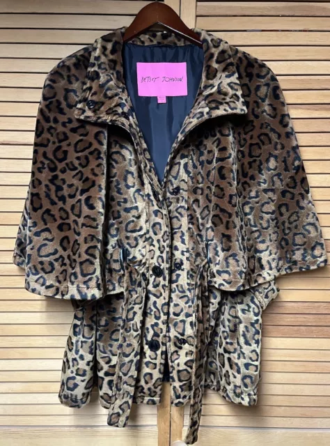 NEW Betsey Johnson Sheared Faux Fur Belted Lightweight Leopard Capelet Coat L 2