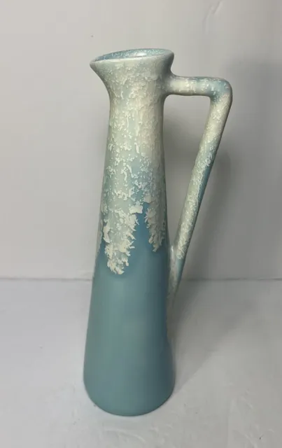 VTG Pitcher Baby Blue Bud Vase White Drip Glaze Mid Century Modern Art Pottery 2