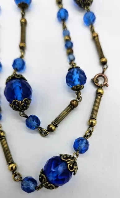 Antique Czech Faceted Art Deco Cobalt Blue Glass Necklace with Brass Accents