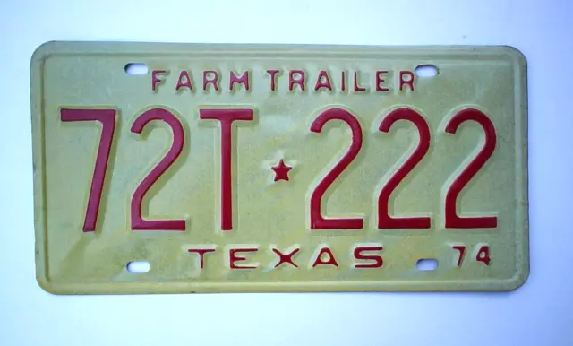 Old 1974 Texas Farm Trailer License Plate 72T-222 Vintage Embossed Triple 222