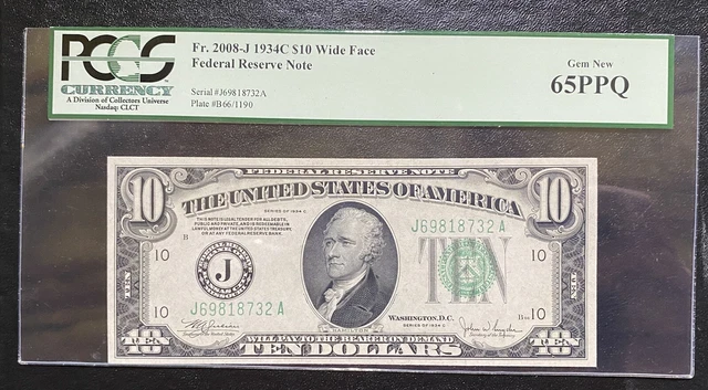 1934 C $10 Kansas City federal reserve note Fr#2008 PCGS 65 PPQ