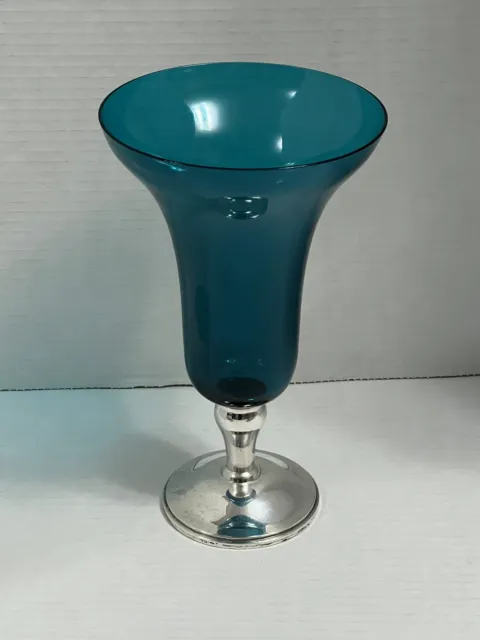 Vintage 1444 GORHAM Sterling Silver Footed Blue Teal Glass Trumpet Vase