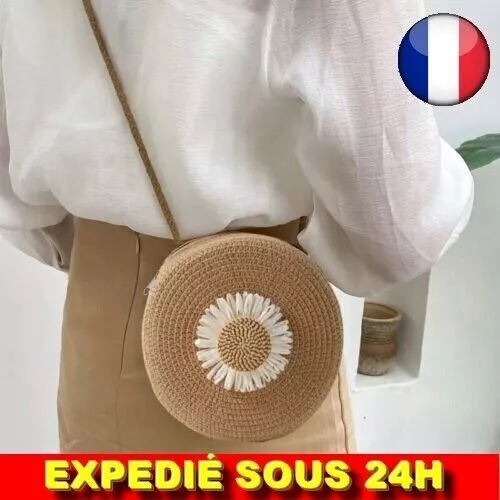 ✅ Bolso Redondo De Paja Floreado Mano De Playa Mujer Flor Verano Bandolera...