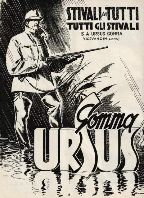 Pubblicita' 1950 Ursus Vigevano Stivali Gomma Caccia Cacciatore Fucile Lemmi