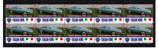Lancia Aurelia, Italian Icons Strip Of 10 Mint Vignette Stamps 5