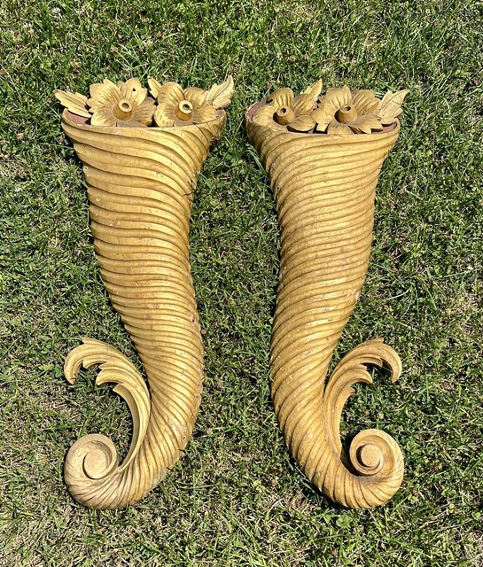 Antique Pair Italian Gilt Wood Cornucopia Floral Wall Plaques Hangings Salvage