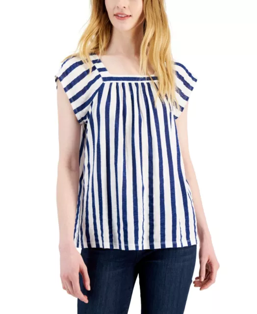 Style & Co Womens Printed Square-Neck Flutter-Sleeve  Blue Stripe SZ M