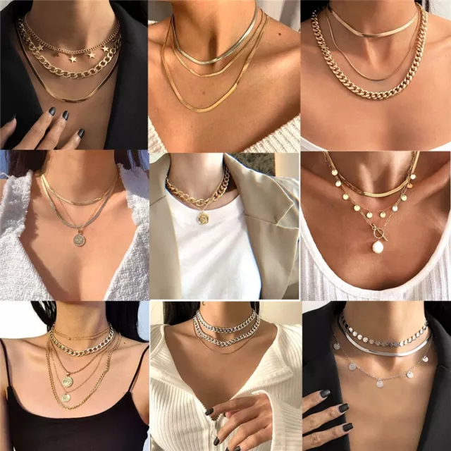 Boho Geometric Gold Silver Chain Pendant Necklace Choker Women Jewelry Gift