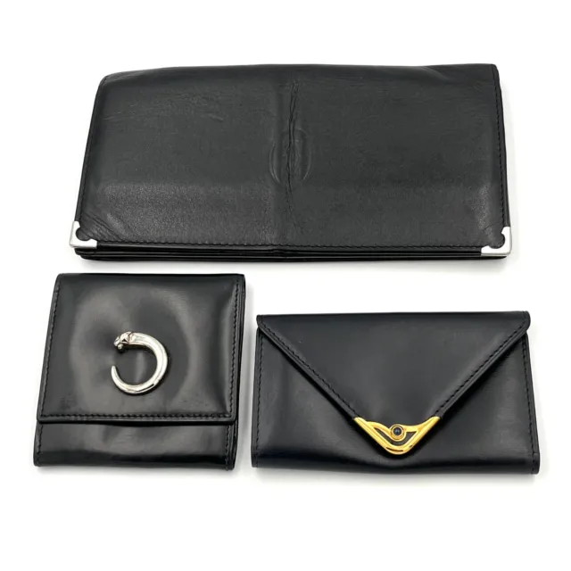 Cartier Long Wallet Coin Purse Key Case 3 pieces Black Leather Used Authentic