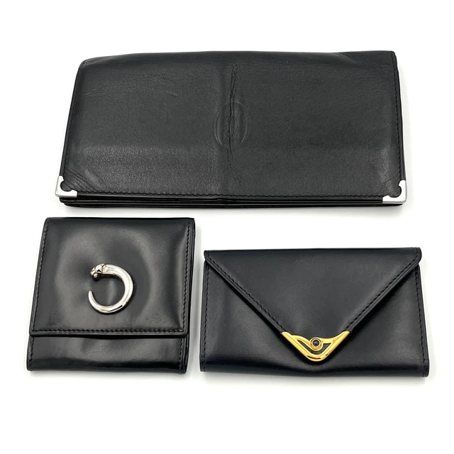 Cartier Long Wallet Coin Purse Key Case 3 pieces Black Leather Used Authentic