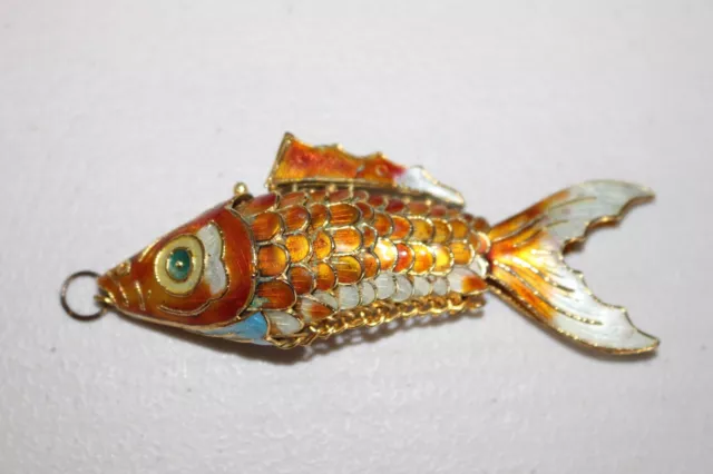 Huge Vintage 4 5/8" Orange Cloisonne Enamel Gold Tone Articulated Fish Pendant