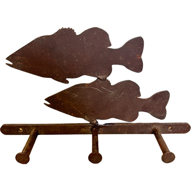 Rustic Cast Steel Fish Key Hat Coat Rack Wall Hooks Fisherman Decor 12.5 X 7 In.