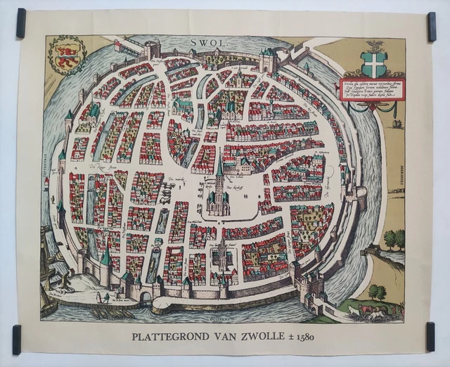PLATTEGROND VAN ZWOLLE 1580 Circa 1950 Affiche Originale Carte Pays Bas ...