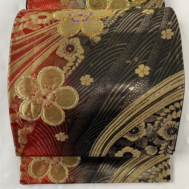 Woman Japanese Kimono Fukuro-obi Silk PlumBlossom Wave Gold Thread Foil Black