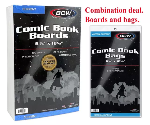 300 BCW Current / Modern Comic Book Bags Sleeves + Acid Free Back Boards New