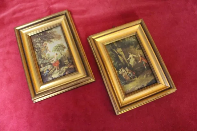 French Vintage Pair of Hanging Wall Wooden Picture Framed Lovely colors