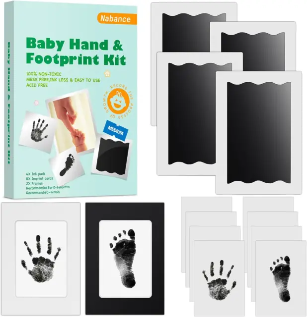 Baby Footprint Kit  Handprint Kit, 4 Inkless Ink Pads, 2 Photo Frames, 8 Imprint