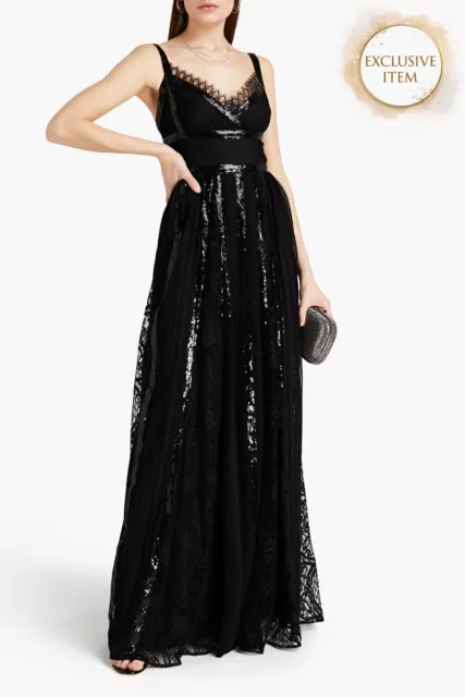 RRP€3548 ELIE SAAB Lace Ball Gown FR44 US12 UK16 XXL Black Sequins Embellished