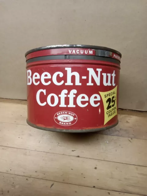 Advertising Vtg Beech-Nut 1 Lb Coffee Can Tin Vacuum Packed With Coupon Lid