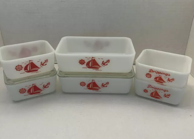 McKee Red Sailboat Milk glass Refrigerator Dishes