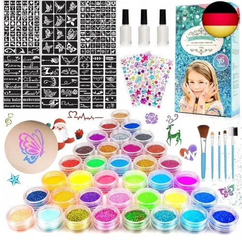 Glitzer Tattoo Set Kinder, Temporäre Glitzertattoo für Mädchen - 36 Farben, 182