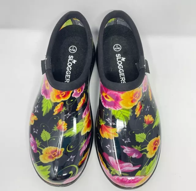 Sloggers Women's Black Pink Yellow Floral Rubber Rain Garden Shoes US 7 Slip On