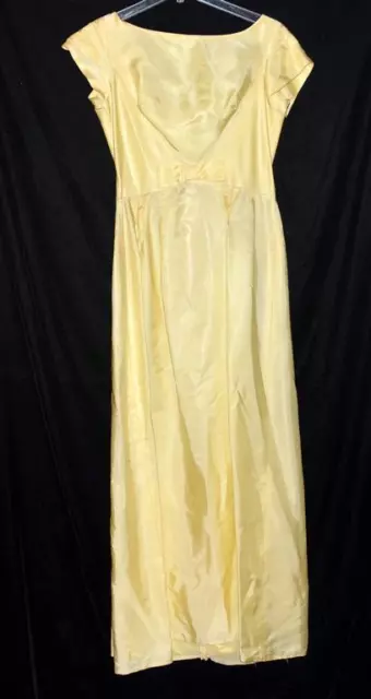 Vintage Pale Yellow Satin Floor Length Dress with Front & Back Kitten Bow Size S