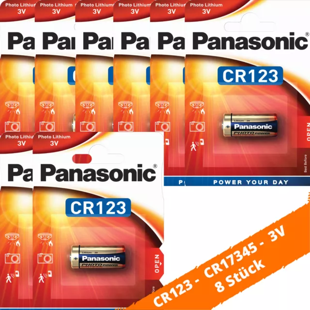 8 x Panasonic CR123A CR17345 Photo Lithium Batterie 3V ø17x34,5mm Blister