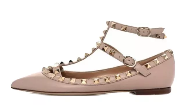 Valentino Rockstud Caged Ballet Leather Flat Shoe - Nude Beige - 38.5