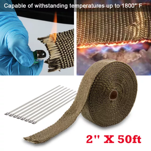 2" X 50FT Universal Titanium Manifold Exhaust Header Pipe Heat Wrap Tape 10 Ties