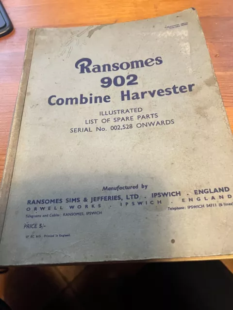 Ransomes 902 Combine Harvester Illustrated listed of spare parts