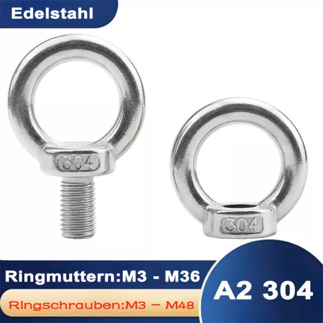 Ringschrauben Ringmuttern Edelstahl A2 V2A DIN 580 u. 582 M3 M4 M5 M6 M8 Bis M48