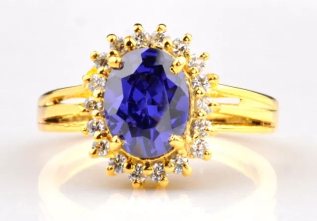 250ct Round cut lab created Blue Sapphire 14K Yellow Gold Plated Bridal Ring