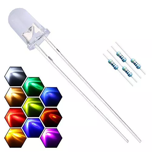 200pcs 10 Colors x 20pcs 5mm LED Light Emitting Diode Assorted Kit 29mm Lead ...