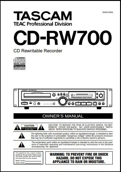 Tascam CD-RW700 CD Recorder Owner's Manual - 32lb paper & heavyweight covers