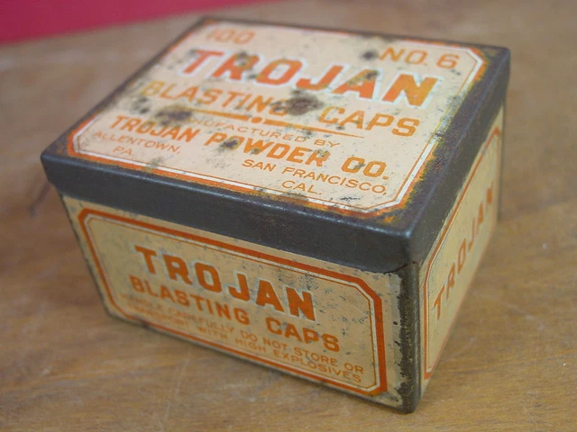 Estate Fresh! TROJAN 100 No 6 BLASTING CAPS -Allentown & San Francisco- TIN CAN