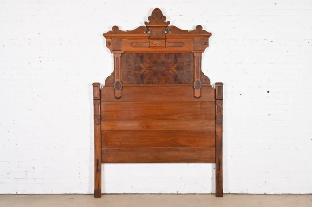 Antique Eastlake Victorian Carved Burled Walnut Monumental Full Size Headboard