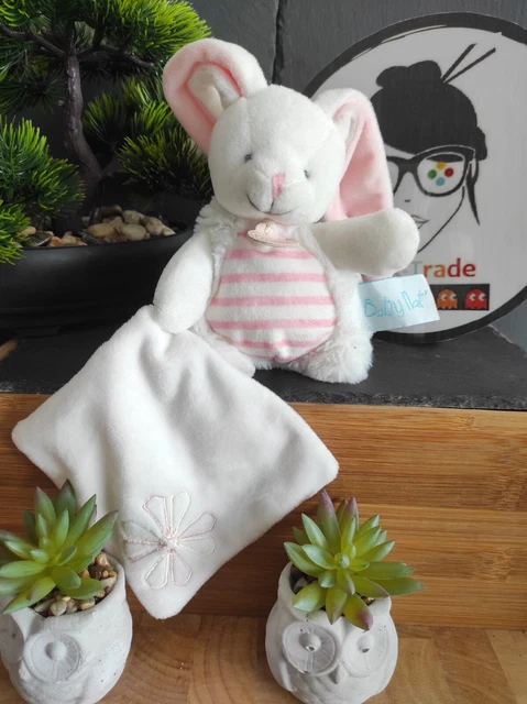 Doudou Babynat Lapin Poupi Rose/blanc - Attache Tétine, Velours