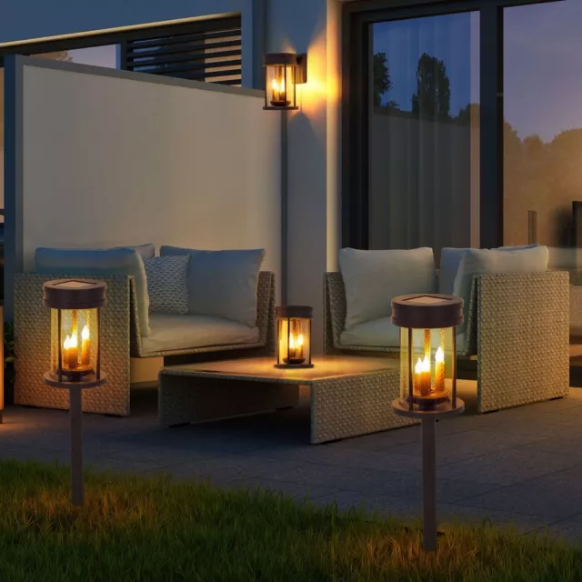 3in1 LED Außen Solar Steck Leuchte Garten Tisch Lampe Feuer Effekt Wand Laterne