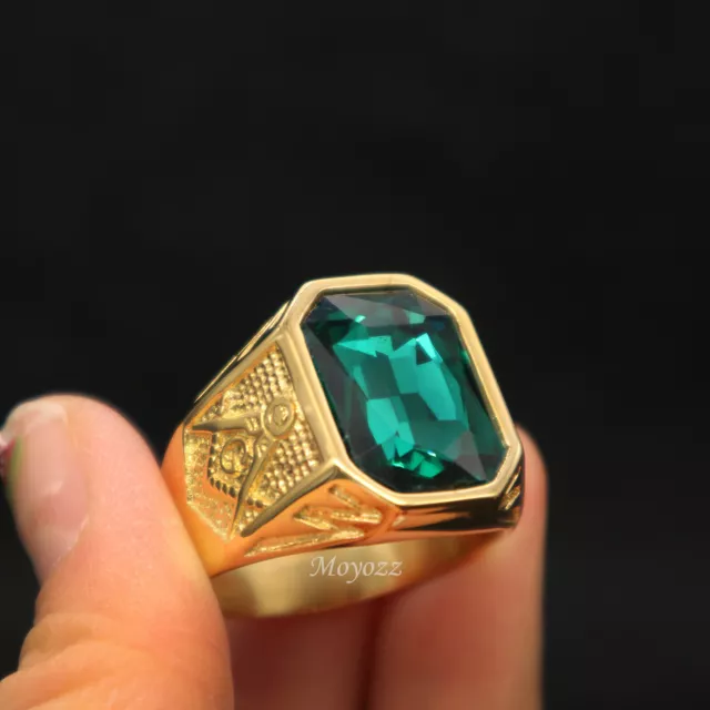 Mens Gold Faux Green Emerald Stone Masonic Ring Stainless Steel Size 7-15 Gift 2