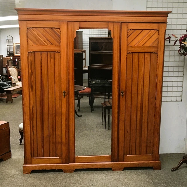Victorian Aesthetic Movement Pitch Pine Triple Wardrobe - Delivery Available