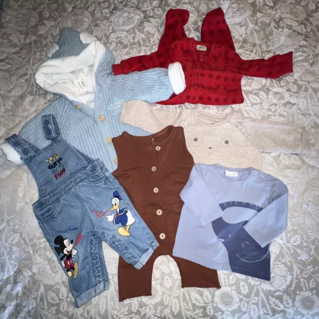 Baby Boys 0-3 Month Clothing Bundle 6 Items Chunky Knit Cardi Fleece Disney Top