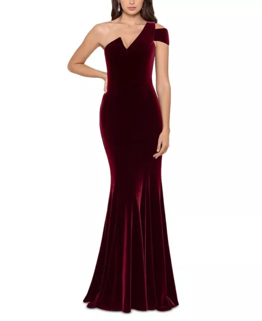 Nwt Betsy & Adam Burgundy Velvet One-Shoulder Gown Sz 8 Bombshell Fit Flare